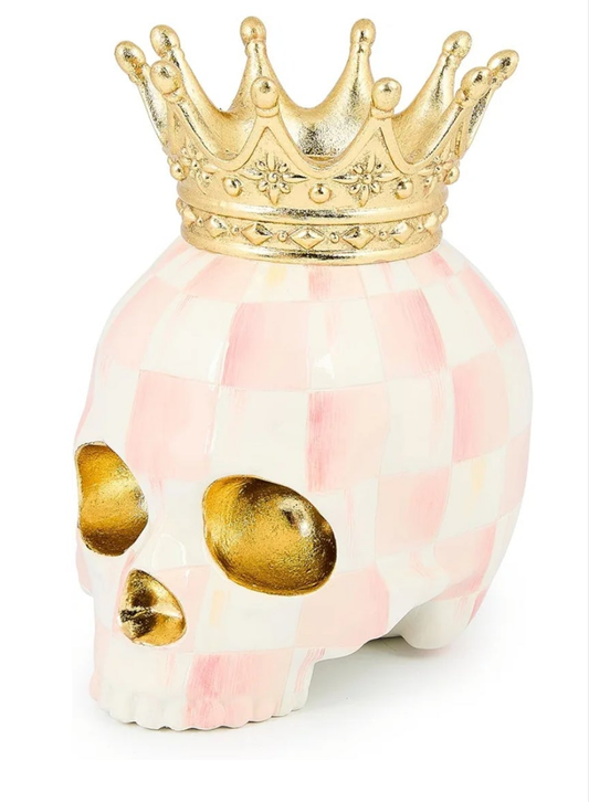 Crowned Skull, Resin Halloween Home Decor, Pink-and-White Rosy Check
