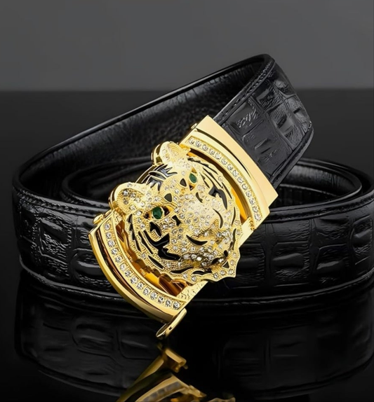 Luxury Men's Belts Gold Tiger Head Automatic Buckle Alloy, PU Leather Men Waist Strap, Slide Easier Adjustable Belt, Cut To Fit, Men Dress Casual Ratchet Belt (49in)