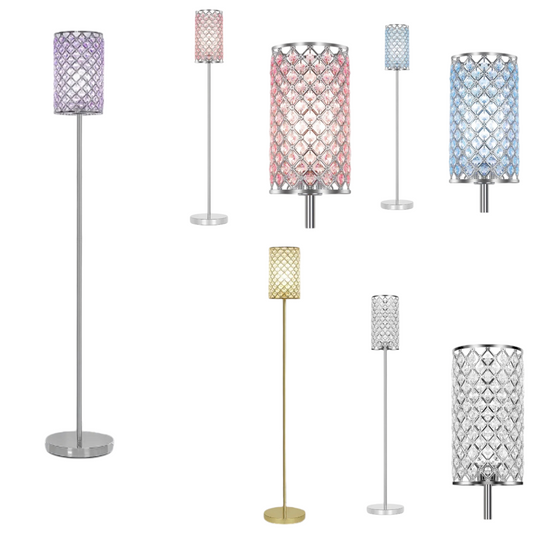 Crystal Floor Lamp with Glam Shade, Elegant Standing Lamp with On/Off Foot Switch & Silver Base, Corner Pole Lamp for Girls Bedroom, Living Room, Office (E26 Base)