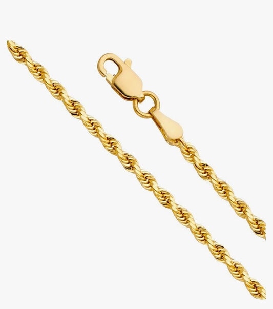 14k REAL Yellow Gold SOLID 2mm Rope Diamond Cut Chain Necklace with Lobster Claw Clasp