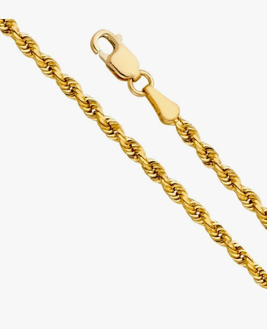 COCOMONEY 14k REAL Yellow Gold SOLID 3mm Rope Diamond Cut Chain Necklace with Lobster Claw Clasp