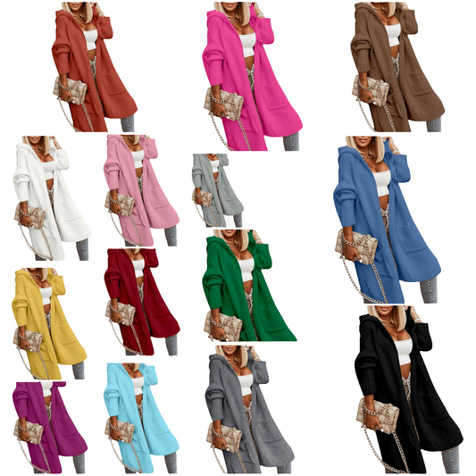 Long Cardigan Cable Knitted Open Front Oversized Hooded Outerwear Sweater Coat