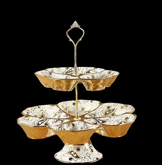 GOLD PLATED Fruit Basket Cupcake Stand Party Tray Fruit Bowl European Gold-Plated Ceramic Living Room Dried Fruit Candy Dish Multi-Layer Grid Tray Household 2 Layer Fruit Plate