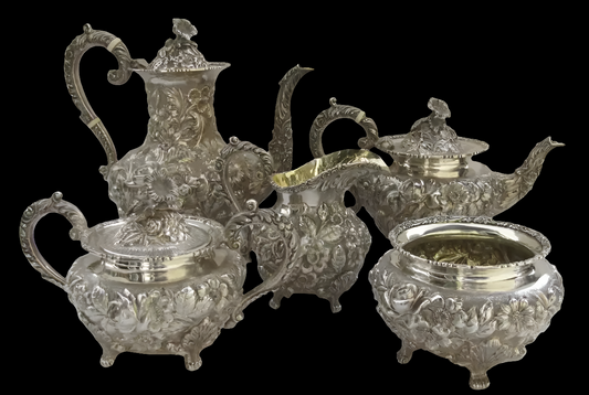 Sterling Silver Tea Coffee Set Repousse Baltimore Rose by Schofield 5 Piece