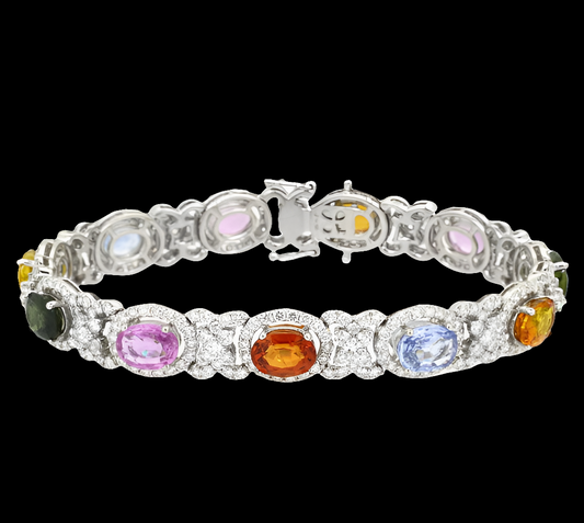 COCOMONEY Multicolor Sapphires 16.80 carats Adjacent Round Brilliant Natural Genuine Diamonds 7.28 carats 18K 24.8 grams.