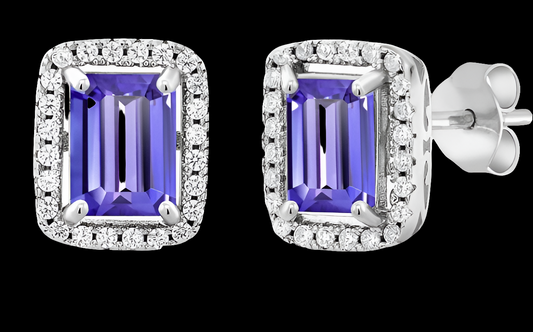 925 Sterling Silver Gemstone Birthstone Earrings | Emerald Cut 8X6MM | Halo Earring for Women