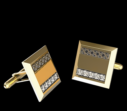 Designer Cufflinks 10k Solid Gold 0.15cts Diamond Anniversary Wedding Graduation Cufflinks Diagnol Design Square Bullet-Back Cufflinks For Men