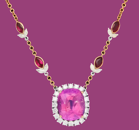AGL Certified 10.26 Carat Cushion Cut Pink Sapphire, Ruby, & Diamond Necklace