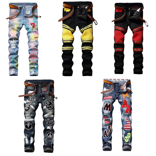 Men's Ripped Straight Slim Moto Biker Jeans