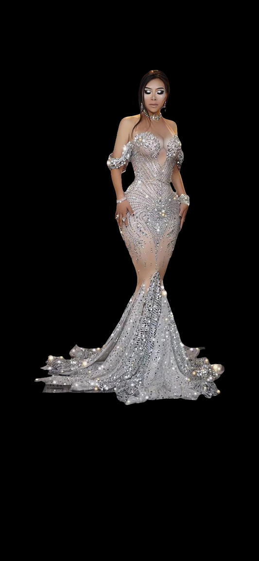 Women Off The Shoulder Mermaid Dress Rhinestone