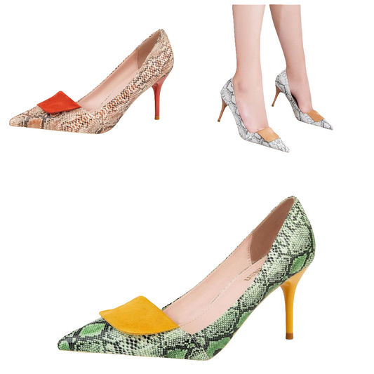 Women Snakeskin Heels Stiletto Heeled Python Print Pumps Pointed Toe Slip On Sexy Lady Dress Shoes