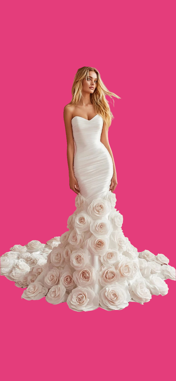 Strapless 3D Floral Fishtail Maxi Dress-White [Custom-Made]