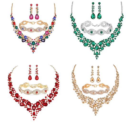 3/4 Pieces Women Jewelry Set Rhinestone Crystal Bride Statement Choker Necklace Tiara Crown Link Bangle Bracelet Teardrop Dangle Earrings Set