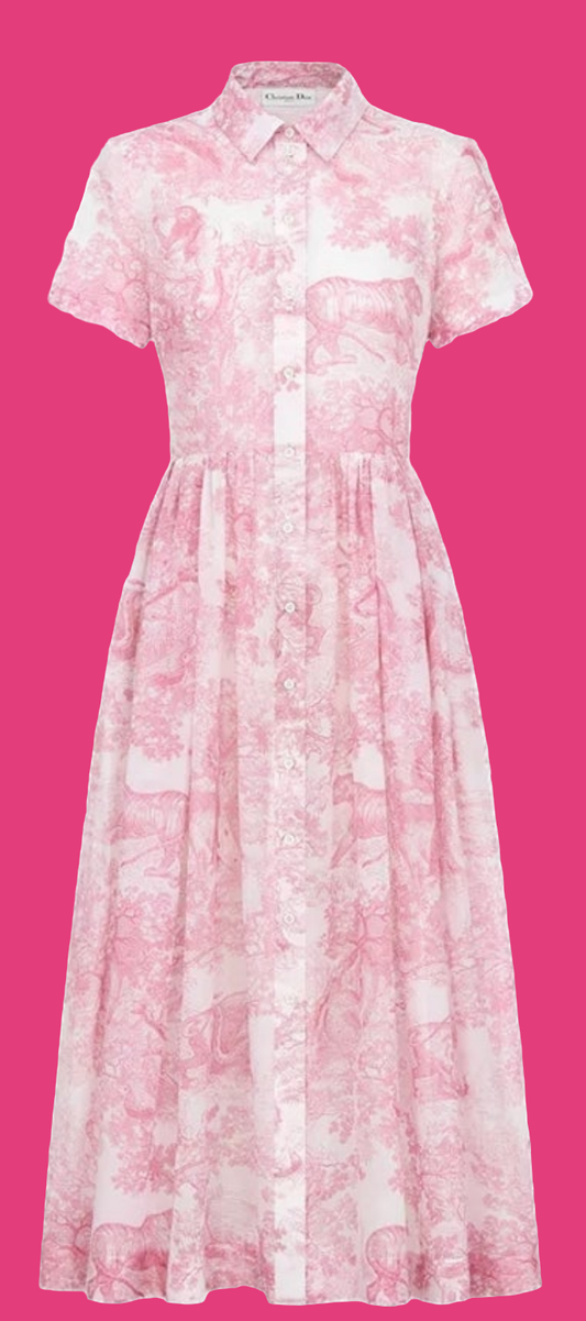 Dior Dioriviera Mid-Length Shirtdress
White Cotton Muslin with Cherry Blossom Pink Toile de Jouy Sauvage Motif