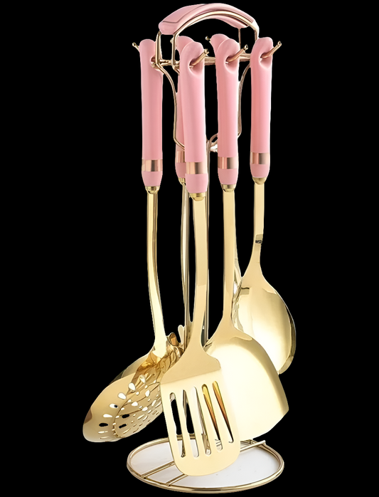 Stainless Steel Cooking utensils Spoons Spatulas Gadgets Bakeware Tools Kitchen Cookware 7 Pieces Sets (Pink)