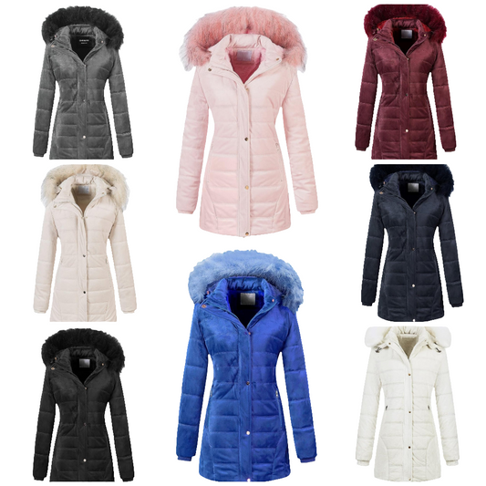 Warm Winter Coat Velvet Puffer Jacket Quilted Faux Fur Hood