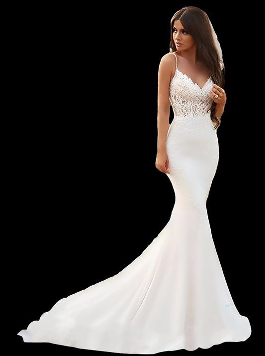 Lace Applique Wedding Dresses for Bride Spaghetti Straps Mermaid V Neck Open Back Bodycon Long Bridal Gown