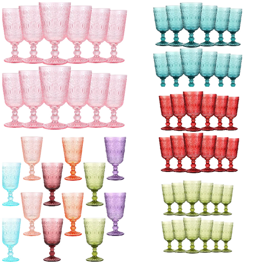 Set of 12 Vintage Goblet 9 oz Vintage Colored Glass Goblet Beverage Stemmed Glass Cups Romantic Embossed Glassware for Wedding Party Holidays