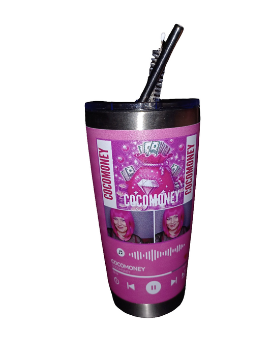 COCOMONEY 20oz pink tumbler for cold or hot drinks music play design with metal straw and straw cleaner