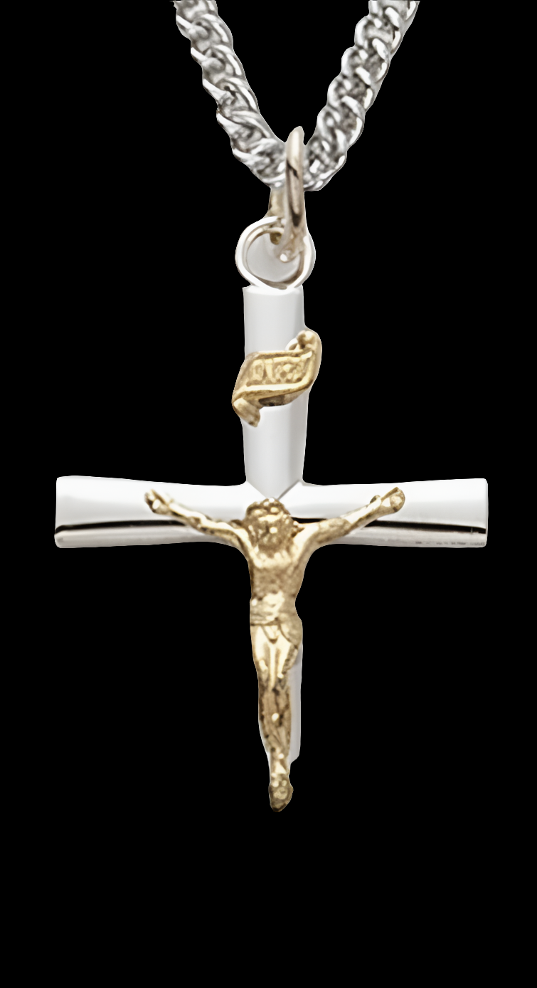 Two-Tone Sterling Silver Jesus Crucifix Cross Pendant Necklace Gold Plated Religious Jewelry, 1 1/8 Inch