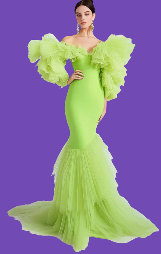 Off Shoulder Mesh Ruffle Sleeve Tiered Maxi Dress-Green [Custom-Made] COCOMONEY