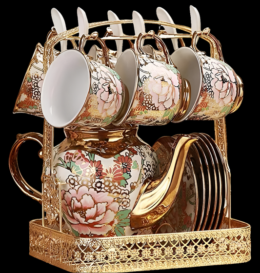 Gold Plated Red Rose Ceramic Tea Set, Vintage Tea Set with Teapot, Beautiful Tea Set Coffee Serving 6 People (red, large)