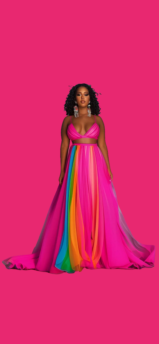 V Neck Cami Crop Top High Waist Maxi Skirt Matching Set-Fuchsia multicolor COCOMONEY