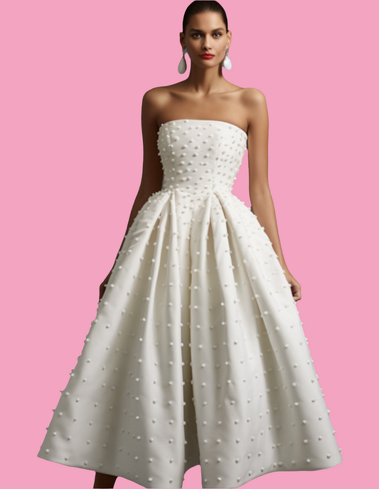 Wedding Strapless Bubble Beaded Tunic Midi Dress-White