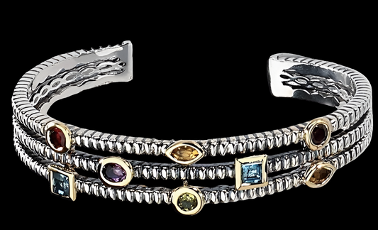 Multi-Gemstone Cuff Bracelet in Sterling Silver with 14K Gold Accents