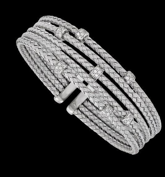 925 Sterling Silver Polished Rhodium Plated CZ Cubic Zirconia Simulated Diamond Woven Flexible Cuff Stackable Bangle Bracelet - Bangle Bracelet for Women