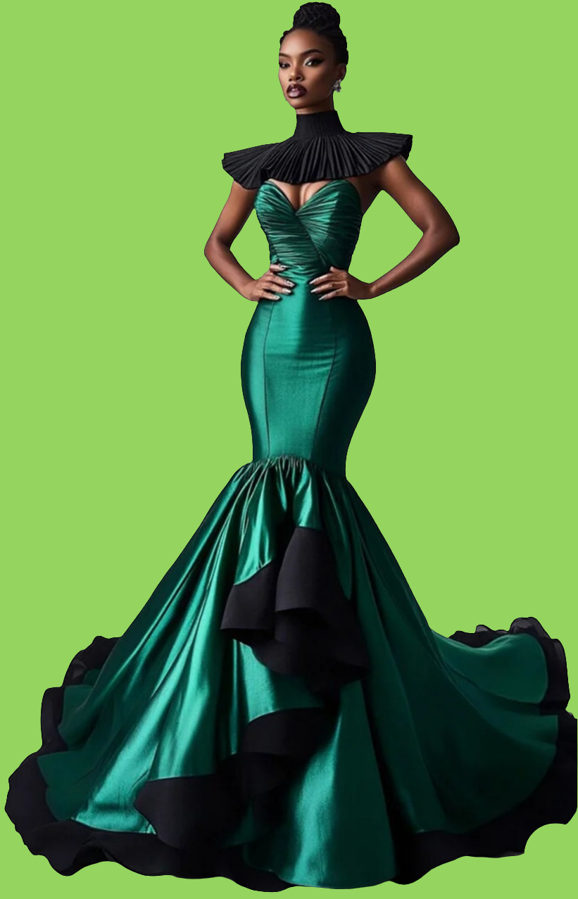 High Neck Asymmetrical Hem Fishtail Satin Maxi Dress-Dark Green [Custom-Made]COCOMONEY