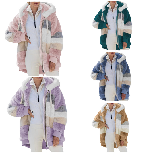 Fuzzy Fleece Jacket Hooded Color Block Patchwork Cardigan Coats Outerwear with Pockets