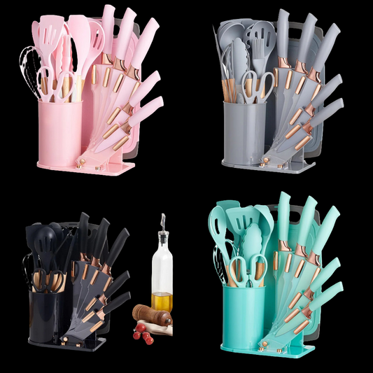 Luxury 19 Pieces Silicone Cooking Utensils Set Heat Resistant with Holder Wooden Handle Silicone Kitchenware Set with Knife Tool Spatula Kitchen Gadgets Utensil Set BPA Free,