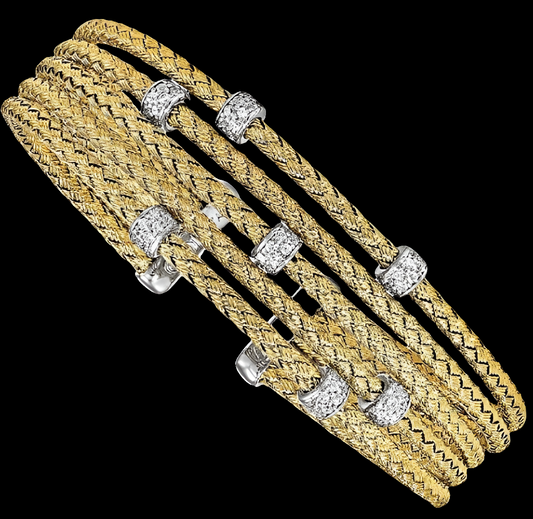 925 Sterling Silver Gold-tone CZ Woven Flexible Cuff Bangle Bracelet