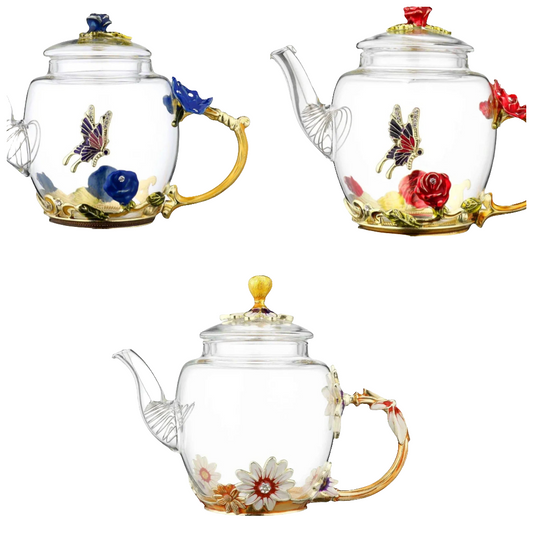 Teapot -300 ml (10 oz) - Flower Butterfly Decoration Heat Resistant Glass Teapot Kettle Loose Leaf Teapot Tea Party glass