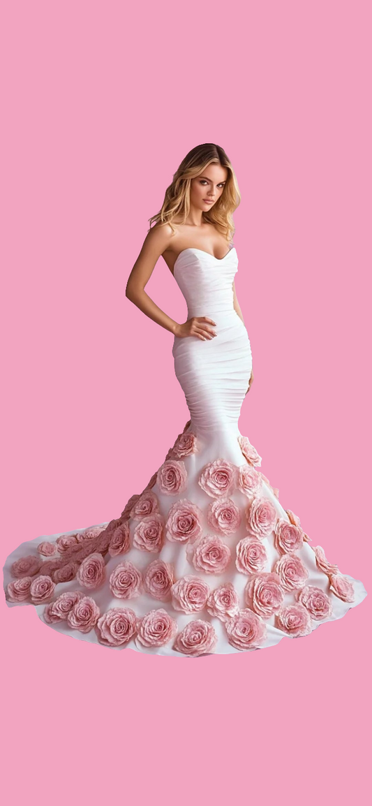 Beautiful Strapless Stereo Floral Long Tail Maxi Dress-White [Custom-Made]