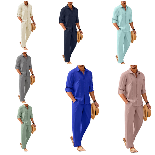 Mens Linen Sets 2 Piece Long Sleeve Button Down Cuban Shirt and Pants Set Summer Beach Set Outfits