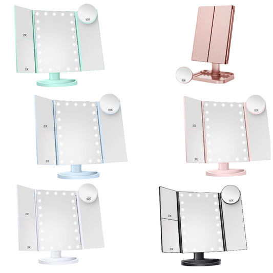 Makeup Mirror Vanity with Lights, 2X 3X 10X Magnification, Lighted Mirror, Touch Control, Trifold Dual Power Supply, Portable LED