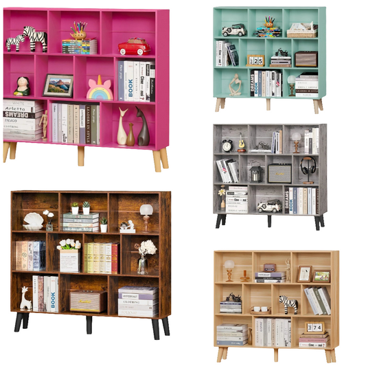 10 Cube Bookshelf,3 Tier Modern Wide Bookcase with Legs,Mid-Century Wood Bookshelves Storage,Mint-Green Large Book Case,Freestanding Organizer Display Shelf for Bedroom,Living Room,Office