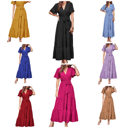 Womens Boho Swiss Dot Maxi Dresses Wrap V Neck Flutter Short Sleeve Solid Tie Belt A Line Tiered Flowy Long Dresses