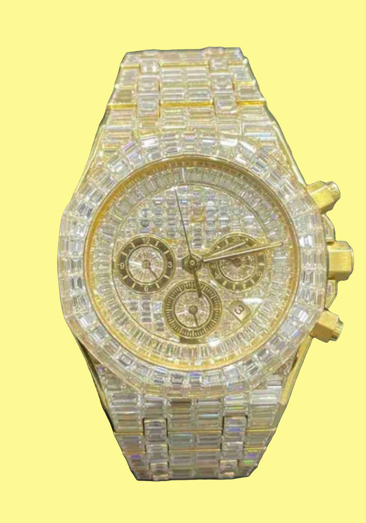 CHANDELIER ICED OUT "AP" 18K SOLID GOLD WATCH | VVS1 80 CTS T.W.