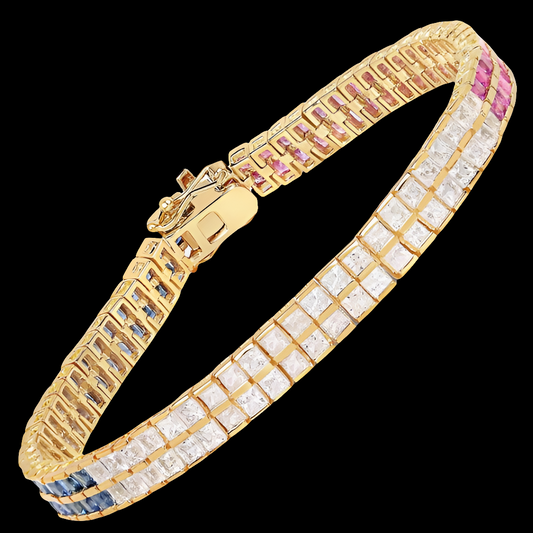 Genuine Princess Cut Square Blue Sapphire, White Sapphire and Pink Sapphire Bracelet in Sterling Silver