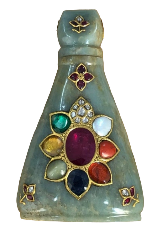 24k Gold Mughal Jadeite Jade Whiskey Flask Encrusted with Nine Gemstones Coral,Diamond,Jade,Blue Sapphire,Yellow Sapphire