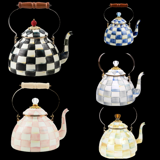 King Collection Enamel Tea Kettle, Stylish Tea Kettle for Stovetop, Royal Check, 3 Quarts