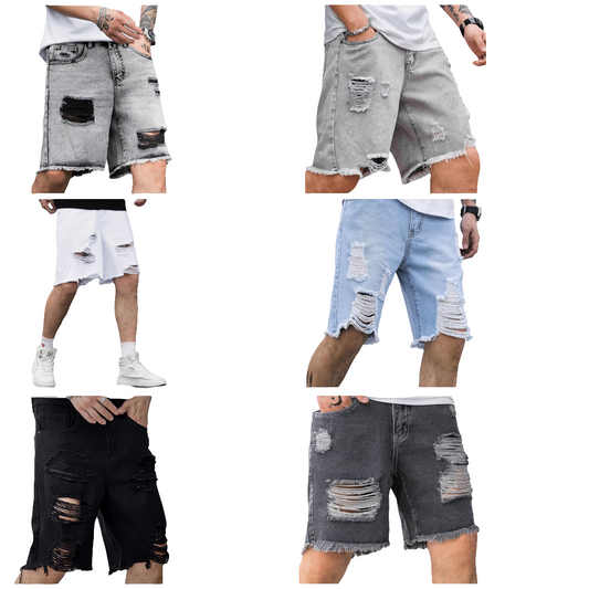 Men's Ripped Distressed Raw Trim High Waist Straight Leg Denim Shorts
