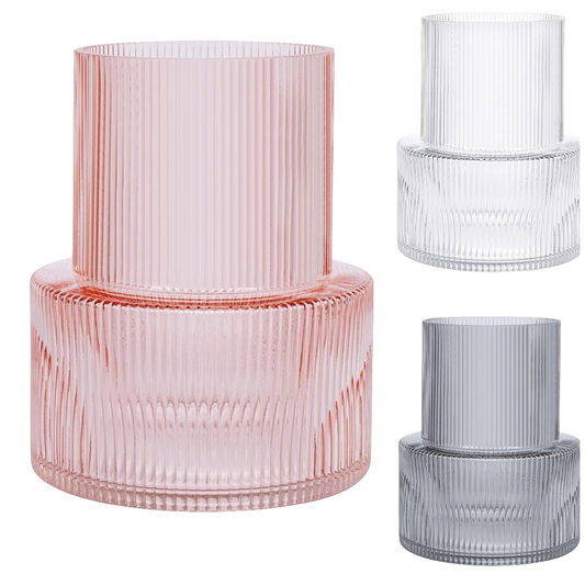 Large Glass Vase Ribbed Vase for Flowers, Flower Vase for Living Room, Modern Grey Fluted Vase for Centerpieces, Dinning Table, Entry Office Decoration