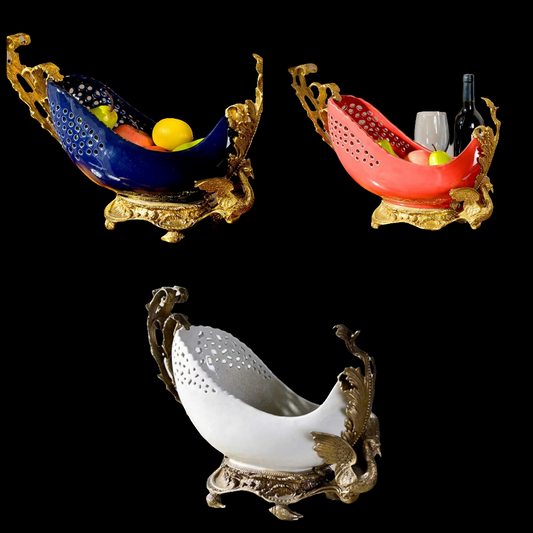 Classical Ceramic Inlaid Brass Decoration Fruit Plate, Dried Fruit Plates, Snacks Storage Tray for Home Living Room Decoration Ornament