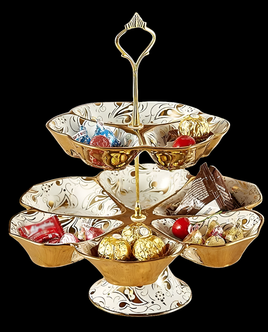 GOLD PLATED Fruit Basket Cupcake Stand Party Tray Fruit Bowl European Gold-Plated Ceramic Living Room Dried Fruit Candy Dish Multi-Layer Grid Tray Household 2 Layer Fruit Plate