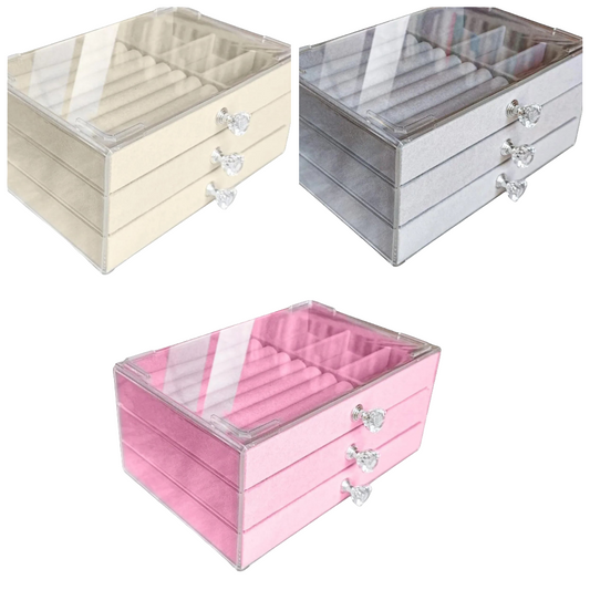 Clear Acrylic Velvet Jewelry Organizer with 3 Drawers, Stackable Display Storage Earrings Necklace Rings Bracelets Box Holder Case