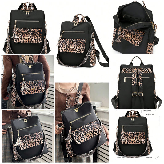 Fashion Cocomoney Leopard Travel Backpack With Large Capacity, Tassel Decor & Anti-Theft Feature
